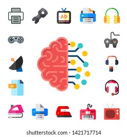 electronics icon set. 17 flat electronics icons.  Simple modern icons about  - printer, game controller, satellite dish, artificial intelligence, ai, game pad, audio guide, headphones
