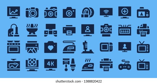 electronics icon set. 32 filled electronics icons. on blue background style Collection Of - Television, Vacuum, Oven, Photo camera, Printer, Artificial intelligence, Tv, Camera