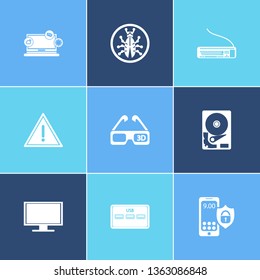 Electronics icon set and 3d glasses with mobile security, monitor and keyboard. Keypad related electronics icon vector for web UI logo design.