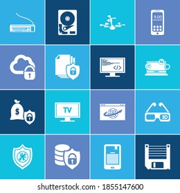 Electronics icon set and 3d glasses with smartphone, hdd and finance protection. Keypad related electronics icon vector for web UI logo design.