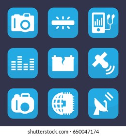 Electronics icon. set of 9 filled electronics icons such as camera, mp3 player, equalizer, broken battery, satellite
