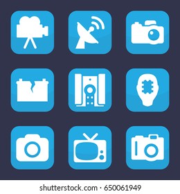 Electronics icon. set of 9 filled electronics icons such as camera, broken battery, satellite, tv