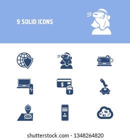 Electronics icon set and cloud storage with augmented reality, system unit and joystick. Game controller related electronics icon vector for web UI logo design.