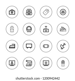 Electronics icon set. collection of 16 outline electronics icons with battery, controller, game, headphones, gamepad, intelligence, iron, photo camera, satellite dish icons.