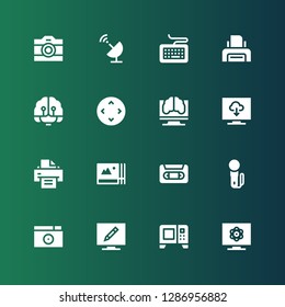 electronics icon set. Collection of 16 filled electronics icons included Television, Microwave, Photo camera, Joystick, Vhs, Photos, Printer, Artificial intelligence, Controller