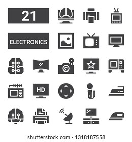 electronics icon set. Collection of 21 filled electronics icons included Ironing, Television, Satellite dish, Printer, Artificial intelligence, Iron, Joystick, Controller, Tv