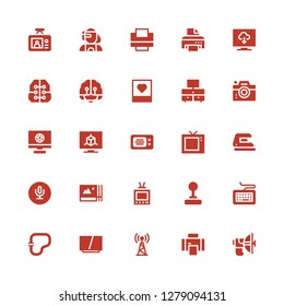 electronics icon set. Collection of 25 filled electronics icons included Parabolic, Printer, Tv, Television, Circuit, Keyboard, Joystick, Photos, Recording, Iron, Microwave, Photo camera