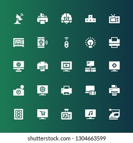 electronics icon set. Collection of 25 filled electronics icons included Iron, Television, Tv, Photo, Printer, Electronics, Photo camera, Lightbulb, Controller, Recording, Microwave