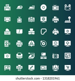 electronics icon set. Collection of 36 filled electronics icons included Television, Artificial intelligence, Microwave, Printer, Digital picture frame, Photo, Iron, Photo camera