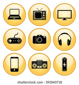 Electronics Icon Set with Gold Button Icons