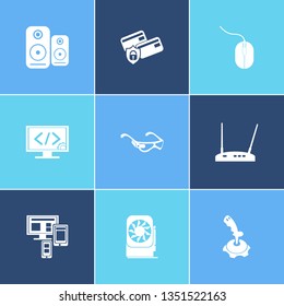 Electronics icon set and joystick with modem, responsive design and speaker. Payment security related electronics icon vector for web UI logo design.