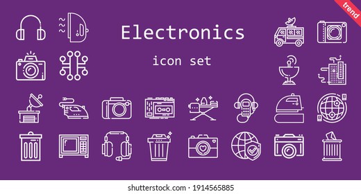 electronics icon set. line icon style. electronics related icons such as recorder, headphones, motherboard, satellite dish, trash, audio guide, electronic, iron, ironing, camera, internet, microwave