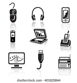 Electronics icon set in minimalist style. Black sign on white background