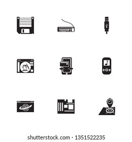 Electronics Icon Set And Music Player With Web Browser, Real Time Location And Floppy Disk. Hardware Related Electronics Icon Vector For Web UI Logo Design.