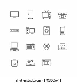 Electronics Icon Set in Outline Style. Television, Refrigerator, Computer, Air Conditioner and More