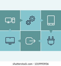 Electronics icon set and setting with plug, android tablet, log out. Gear related electronics icon vector for web UI logo design.