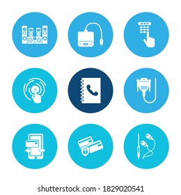 Electronics icon set and sound system with secure transaction, earphones and hdmi plug. Phone payment related electronics icon vector for web UI logo design.