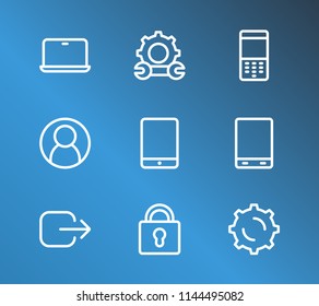Electronics icon set and user with laptop, repair and log out. Palmtop related electronics icon vector for web UI logo design.