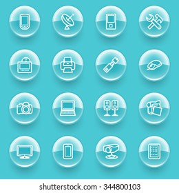 Electronics icons with buttons on blue background.