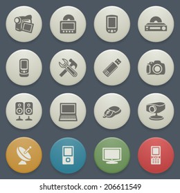 Electronics icons with color buttons on blue background.