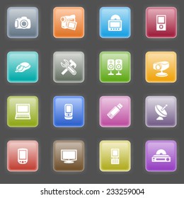 Electronics icons with color buttons on black background.