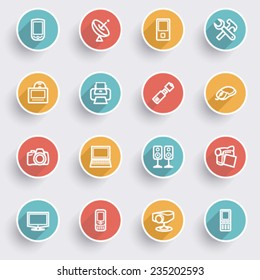 Electronics icons with color buttons on gray background.
