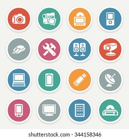 Electronics icons with color buttons on gray background.
