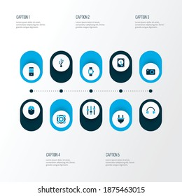 Electronics icons colored set with headphone, PC, mouse and other equalizer elements. Isolated vector illustration electronics icons.