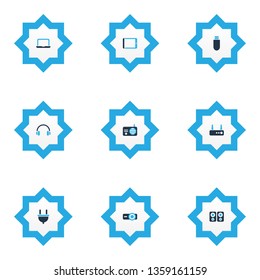 Electronics icons colored set with router, projector, amplifier and other earphone elements. Isolated vector illustration electronics icons.