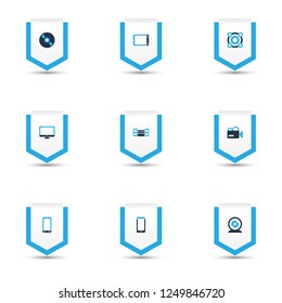 Electronics icons colored set with sound system, loudspeaker, palmtop and other speaker elements. Isolated vector illustration electronics icons.