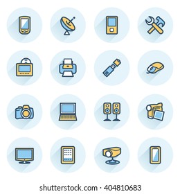 Electronics icons. Contour lines with color fills. Flat design.