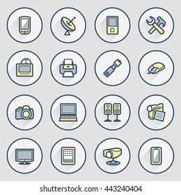 Electronics icons. Contour lines with color fills. Flat design.