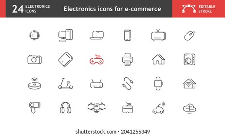 Electronics icons for e-commerce, icons like microprocessor, computers, teleworking, smartphones, home automation, washing machine, etc. Collection of 24 stylized icons with editable stroke