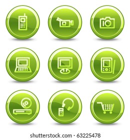 Electronics icons, green circle glossy buttons