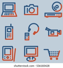 Electronics icons, light blue contour