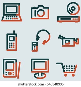 Electronics icons, light blue contour