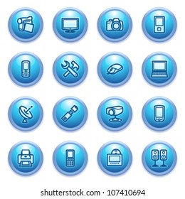 Electronics icons on blue buttons.