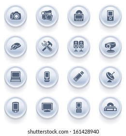 Electronics icons on blue buttons.