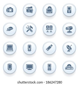 Electronics icons on blue buttons.
