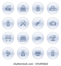 Electronics icons on blue buttons.