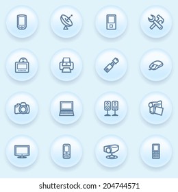 Electronics icons on blue buttons.