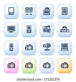 Electronics icons on color buttons.