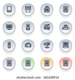 Electronics icons on color buttons.