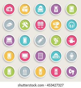 Electronics icons on color buttons.