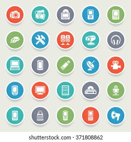 Electronics icons on color stickers.