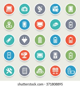 Electronics icons on color stickers.