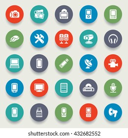 Electronics icons on color stickers.