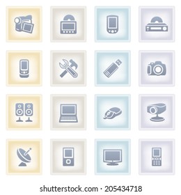 Electronics icons on colored paper.