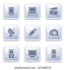 Electronics icons on gray buttons.