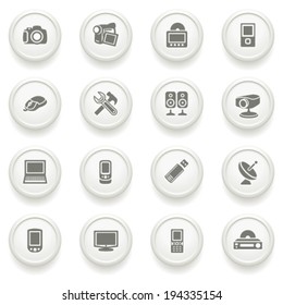 Electronics icons on gray buttons.